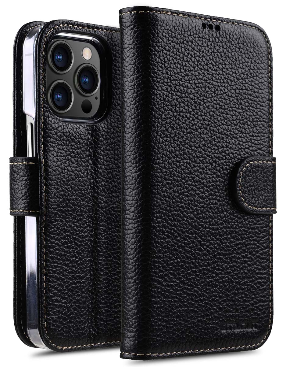 Klapphülle Schwarz Nappa Handyhülle 6.7“ iPhone 13 Pro Max Flip Case aus Leder Lederhülle StilGut UltraSlim kompatibel mit iPhone 13 Pro Max Hülle