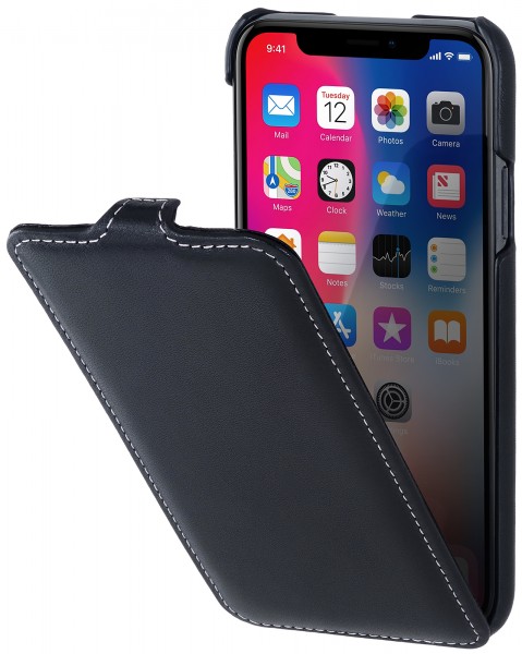 StilGut Leder-Hülle kompatibel mit iPhone XS/iPhone X UltraSlim Flipcase Schwarz Nappa